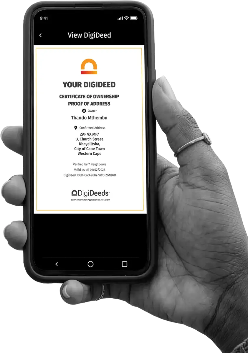 A hand holding a phone showing a DigiDeed certificate of ownership and proof of address
