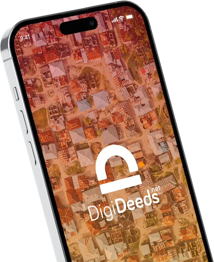 A phone showing the DigiDeeds app over an aerial view of a neighbourhood
