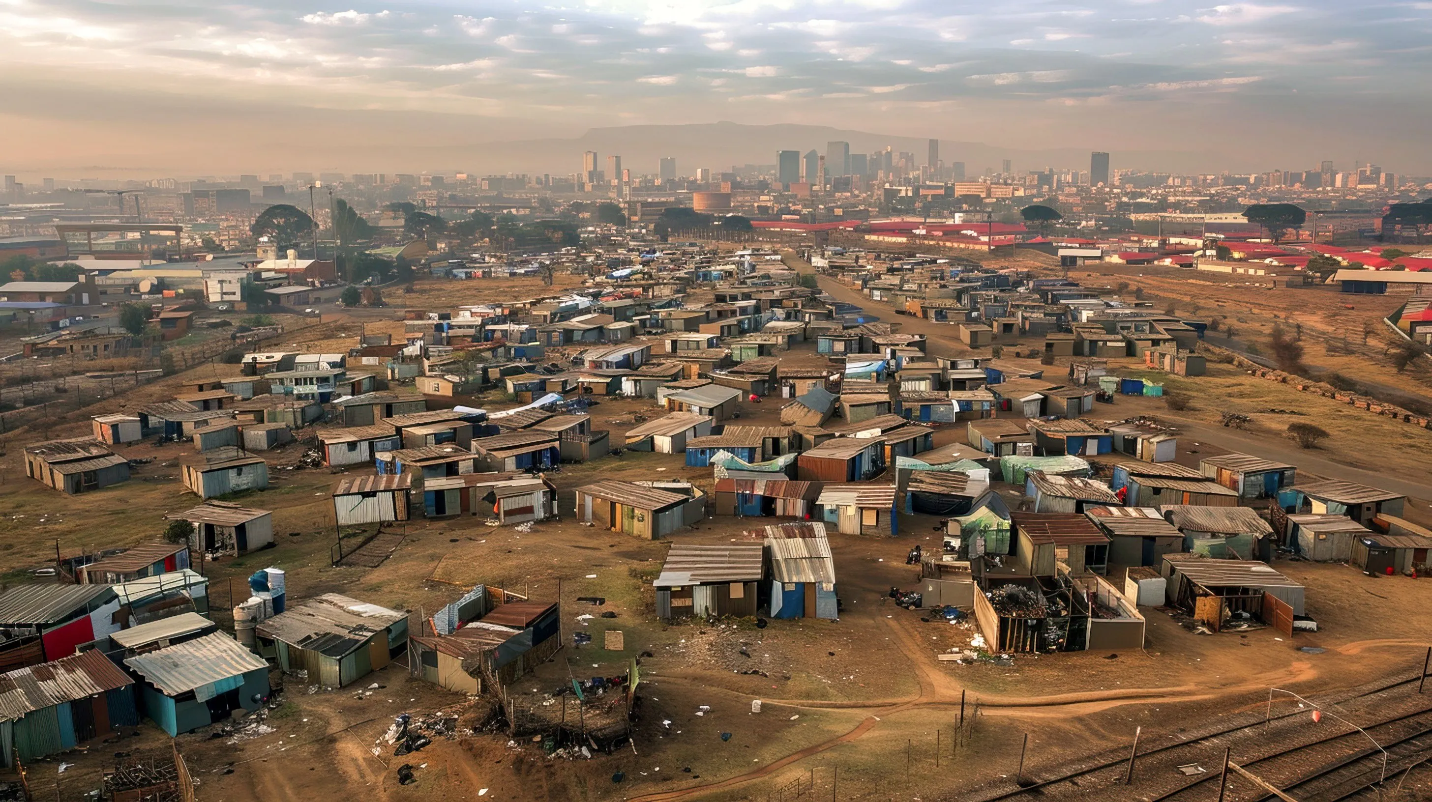 Aerial view of informal homes, with a city skyline behind them